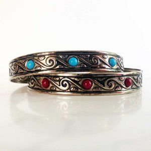 Vintage Turquoise & Coral Stud Native Tribal Waves Silver Cuff Bracelet Set